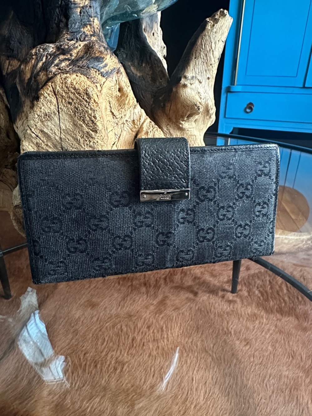 Gucci Black GG Monogram Continental Wallet with Pebbled Trim